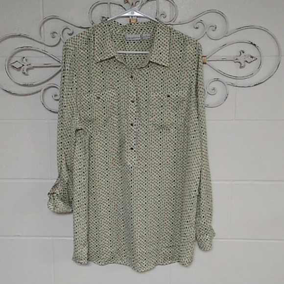 LIZ CLAIBORNE SILK LIKE, LONG SLEEVES WITH ROLL UP TABS  BLOUSE TUNIC TOP - Picture 1 of 6
